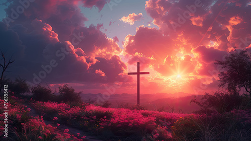 Crucifixion Of Jesus Christ On Hill At Sunrise - AI Generated