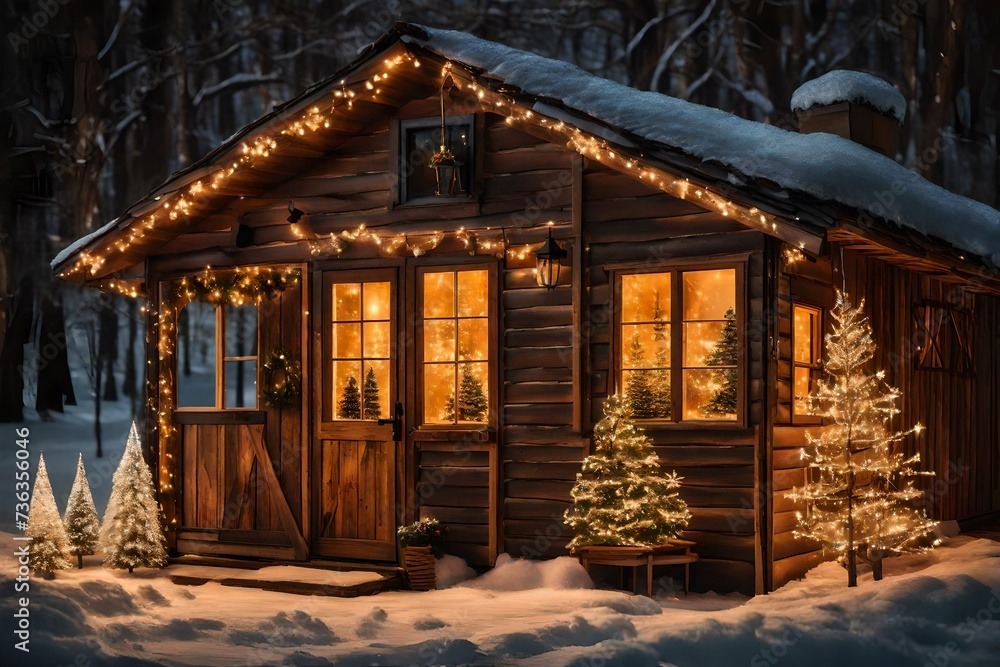 Stylish rustic cozy glass farmhouse, decorated with Christmas lights. Merry Christmas. Happy holidays