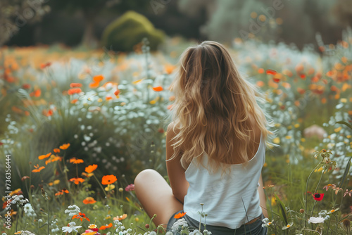 A young woman sits in a peaceful garden surrounded by blooming flowers, connecting with the energy of nature.