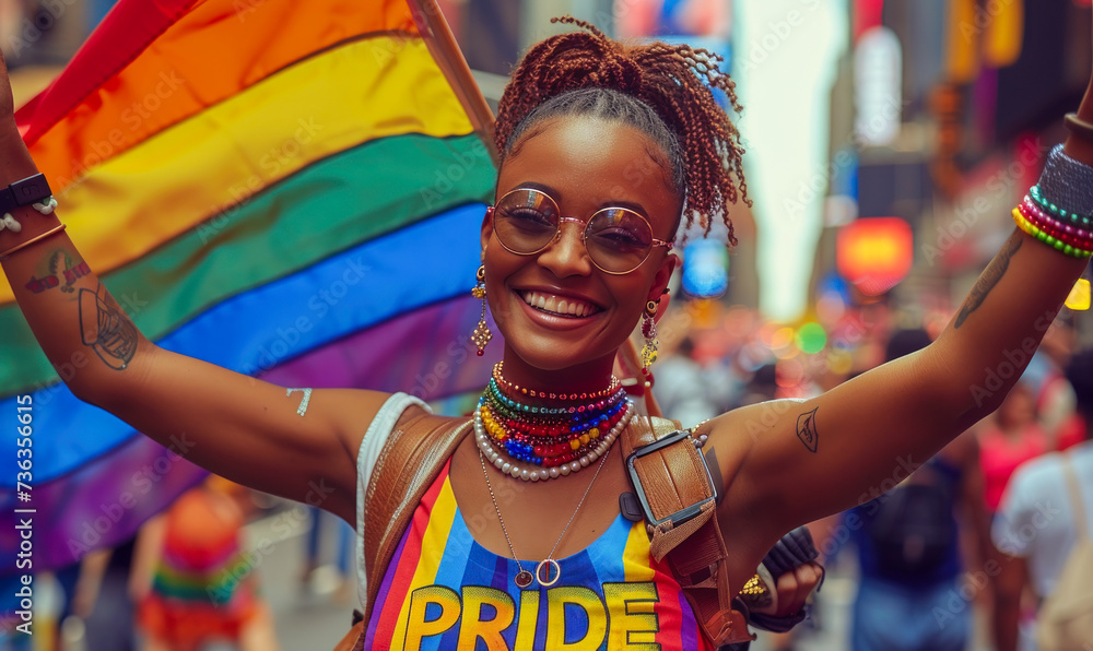 Joyful individual at a pride parade, proudly holding up a vibrant rainbow flag with the word Pride', symbolizing LGBTQ+ community celebration and rights