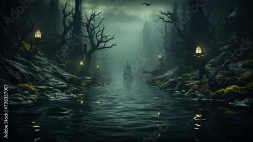Mysterious dark river with lanterns leading to a gothic structure