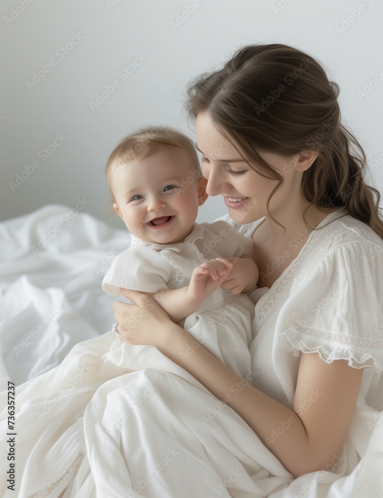 Fototapeta premium Home photography of happy woman with her laughing baby. Mother with infant inside white interior bedroom portrait.