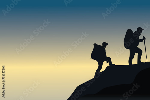Vector illustration of mountain climber silhouette in the afternoon.