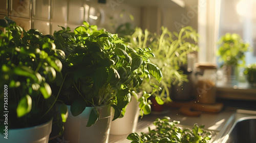 Personal indoor herb garden in a kitchen setting, capturing the freshness and utility of homegrown herbs photo