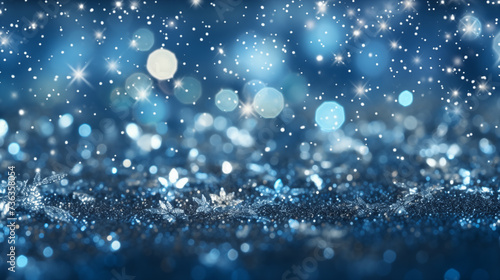Bokeh abstract background of blue and grey blizzard and cloud ice, dark navy and silver glitter and diamond dust or fragments