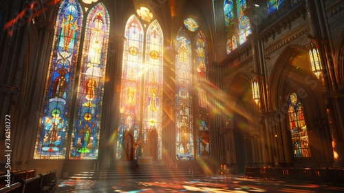 Step inside a magnificent cathedral adorned with stained glass windows that bathe the interior in a kaleidoscope of colors. photo