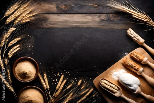 Top View Baking Lesson with Free Writing Space on Dark Background. Wheat Grain, Flour, and Ears Artfully Arranged. Wooden Board Perspective photo
