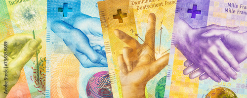 Bilde på lerret Switzerland money, panorama from Swiss banknotes, banking and finance concept, S