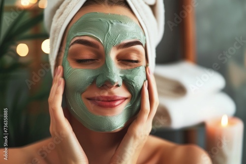 Glowing young woman enjoys her morning routine as she applies a face mask for healthy skin in front of the mirror at home.