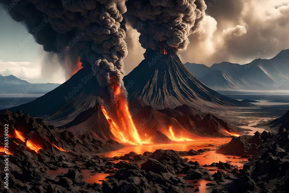 disaster scene of volcanos, illustration force of nature - concept art ...