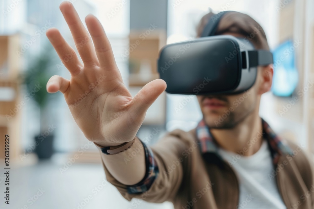 Immersed in a virtual world, the person dons VR goggles and interacts with digital objects, creating a fun and memorable augmented reality experience. Immersed in a virtual world, the person dons VR goggles and interacts with digital objects, creating a fun and memorable augmented reality experience.