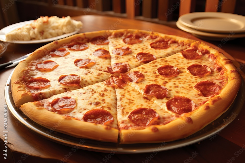 Delicious pepperoni pizza close-up on wooden kitchen table with fresh herbs and tomatoes