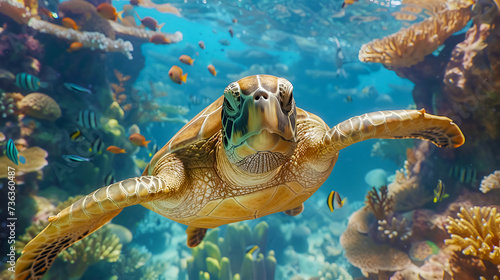 A huge turtle lives on a background of clear water  colorful corals and different types of algae. It represents an ancient species of marine life  causing admiration for its strength and grace.