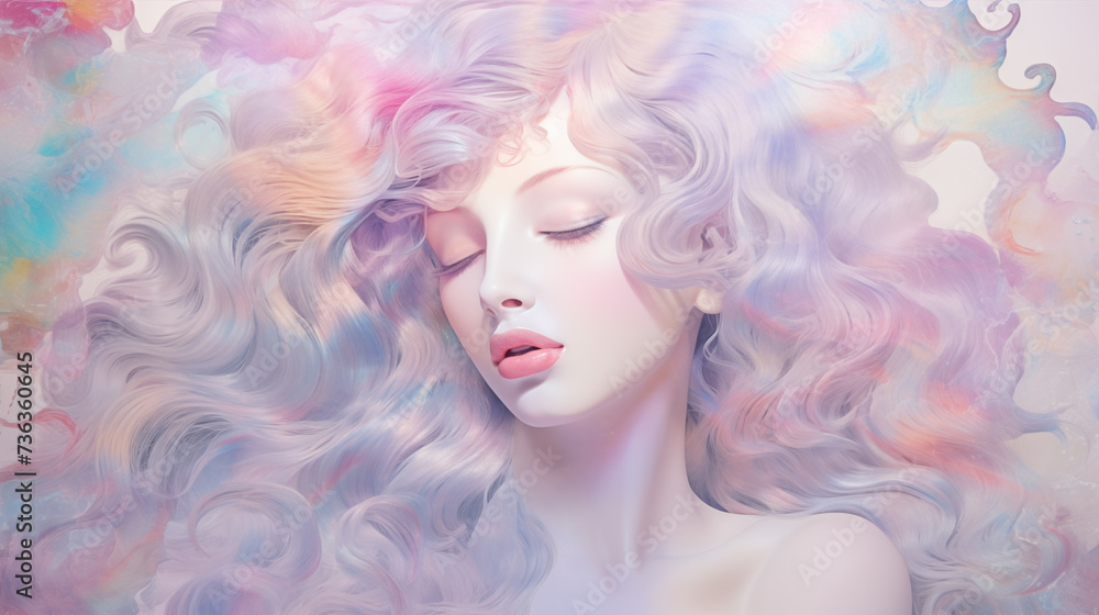 Close up of a female face with iridescence or opalescence hair and make up with rococo pastel colors