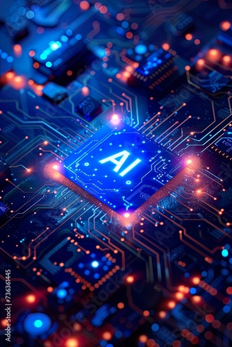 The letters AI on a futuristic blue circuit board. Artificial intelligence background concept.