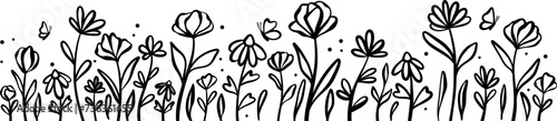 Hand drawn floral border, vector banner flower field hand drawn illustration isolated