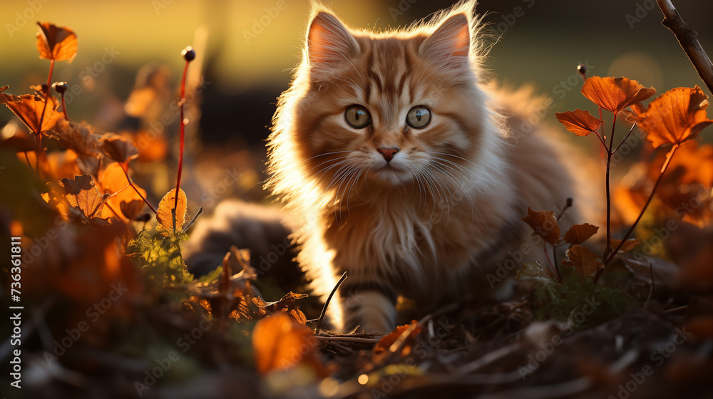 Un chaton espiègle, cherchant l'aventure, découvre un trésor caché sous les feuilles, étincelant au soleil du matin.