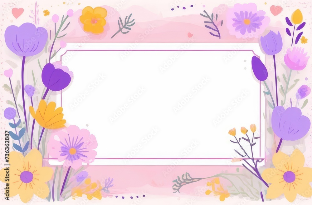 Postcard of flowers in watercolor style. In center is a free space for copying. Frame on white background, around are flowers in pastel colors. Invitation Mother's day, valentine's day, wedding day
