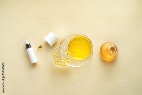 Cosmetics background concept by Skin Care. Hydration cosmetics with oils and serums. Skin Care with Omega 3 Oil and Vitamin C, A Scientific Approach to Development of Hydration Cosmetics in Laboratory