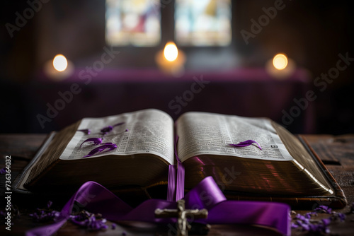 Wallpaper Mural Sacred Reflections: Open Book with Purple Ribbon in Worship Setting Torontodigital.ca