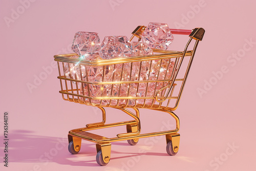 Golden shopping cart with diamonds, pink background with copy space. Jewelry, wedding shopping. Sale, luxury products. Black Friday concept, shopping season, purchase, discounts. Promotion, marketing photo