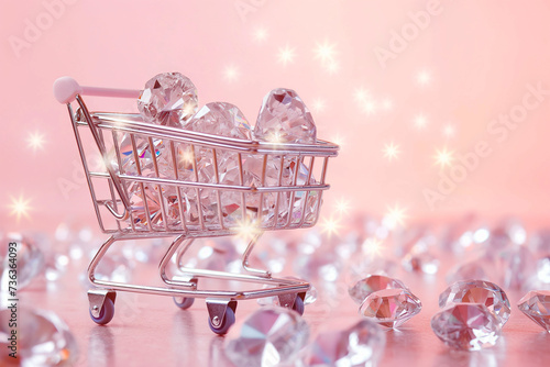 Shopping cart full of diamonds on pink background with copy space. Jewelry, wedding shopping. Sale, luxury products. Black Friday concept, shopping season, purchase, discounts. Promotion, marketing