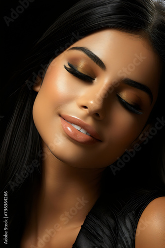 Retrato close up de mujer joven con piel morena, bronceada, pelo negro luciendo su glamuroso maquillaje y belleza. Maquillaje y moda