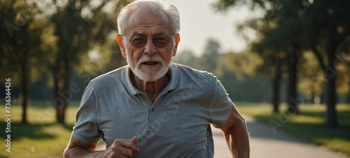 healthy grandpa is jogging in sunny day