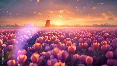 Dutch Spring scene with colourful tulip fields and a windmill at sunset in the North Netherlands. Amazing view of dramatic spring landscape scene on the blooming pink tulips flowers farm traditional D photo