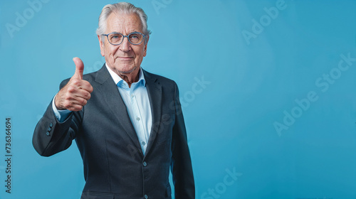 vieux monsieur souriant en costume, chemise et cravate sur fond bleu, montrant son pouce en l'air photo