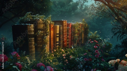 Wander through a moonlit garden where books take root among the flowers  their spines glistening with dew.