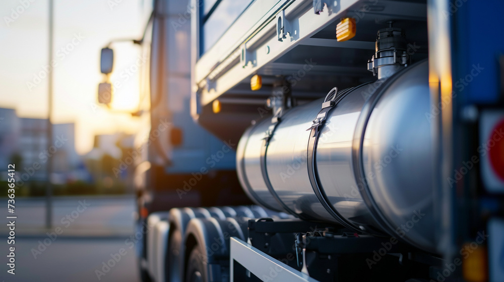 Hydrogen tanks mounted on the back of a fuel cell electric truck, showcasing alternative fuel transportation, blurred background, with copy space Hydrogen tanks mounted on the back of a fuel cell electric truck, showcasing alternative fuel transportation, blurred background, with copy space