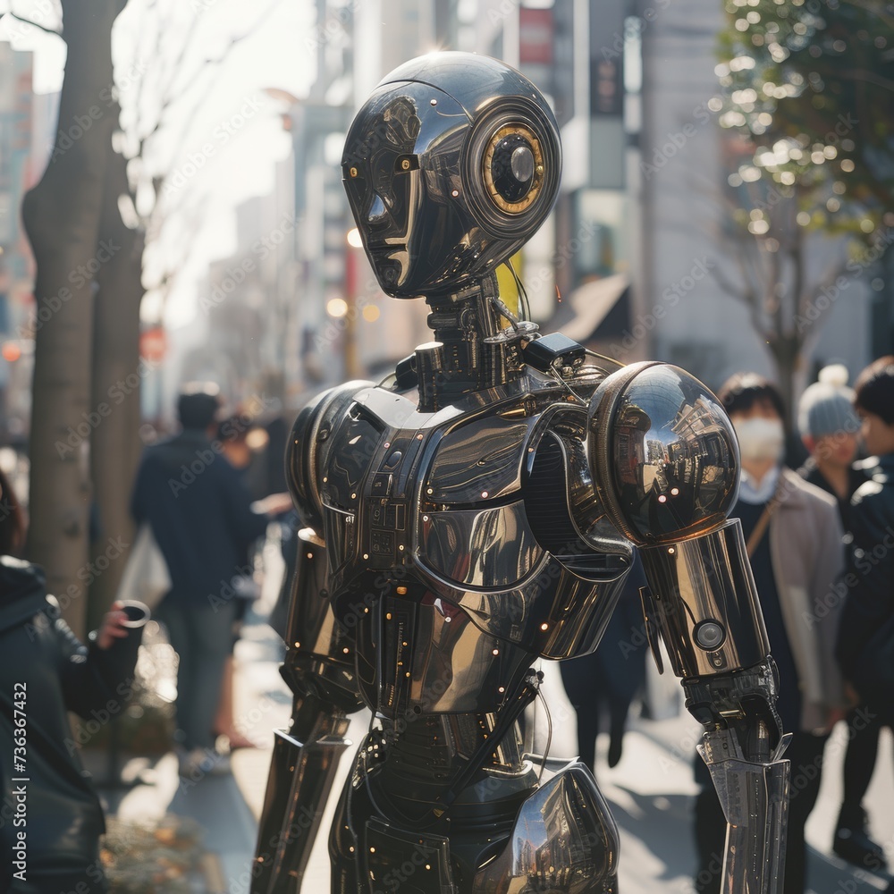 A humanoid humanoid stands near on a busy street among people. Robot consultant, the concept of helping people. Artificial intelligence in the city
and helping people A humanoid humanoid stands near on a busy street among people. Robot consultant, the concept of helping people. Artificial intelligence in the city
and helping people