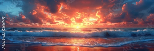 Ocean sunset with sea waves horizontal panoramic banner at golden hour. © Barosanu