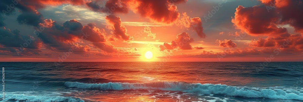 Ocean sunset with sea waves horizontal panoramic banner at golden hour.