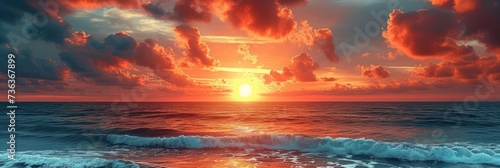Ocean sunset with sea waves horizontal panoramic banner at golden hour. © Barosanu