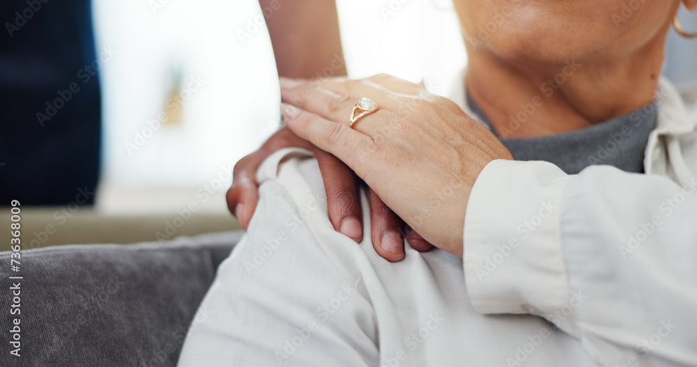 © Wesley/peopleimages.com - Homecare, empathy or hands of caregiver with senior woman in house with kindness, comfort or support closeup. Shoulder, sorry and nurse with old person at home with understanding, trust or compassion