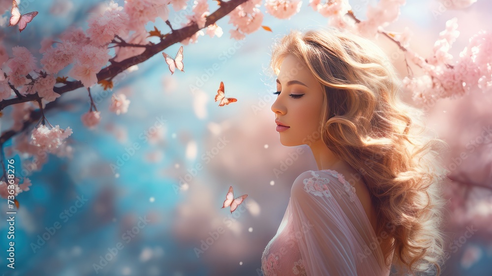 Beautiful woman surrounded by many butterflies and spring flowers