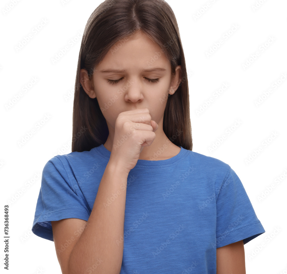 Sick girl coughing on white background. Cold symptoms Sick girl coughing on white background. Cold symptoms