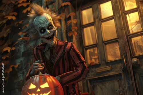 beetlejuice trick or treating, waiting escitedly at a door with his bag out for candy, third person view 3D