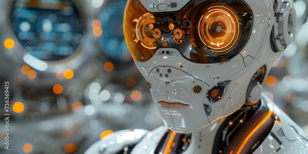 Fototapeta premium Artificial intelligence analyzes markets, sales, stocks, and trends. A humanoid humanoid stands near the information panel. The concept of using Artificial Intelligence.