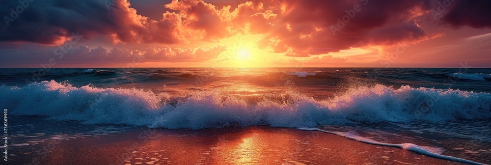 Horizontal panoramic banner of ocean sunset with clouds at golden hour with waves and saturated colors.
