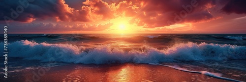Horizontal panoramic banner of ocean sunset with clouds at golden hour with waves and saturated colors. © Barosanu