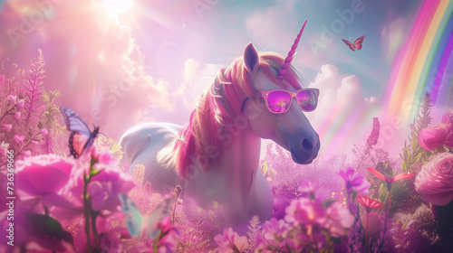 A Majestic Unicorn Adorned with Sunglasses in a Dreamy Rainbow Garden