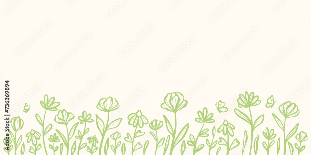 Green floral background with hand drawn flower illustrations, cute spring wallpaper desing Green floral background with hand drawn flower illustrations, cute spring wallpaper desing