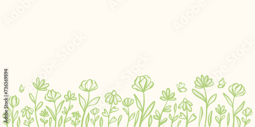 Green floral background with hand drawn flower illustrations, cute spring wallpaper desing