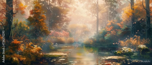 Artistic conception of beautiful landscape painting of nature of forest  background illustration  tender and dreamy design