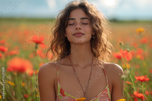 Happy woman with closed eyes sitting among red poppies in a field