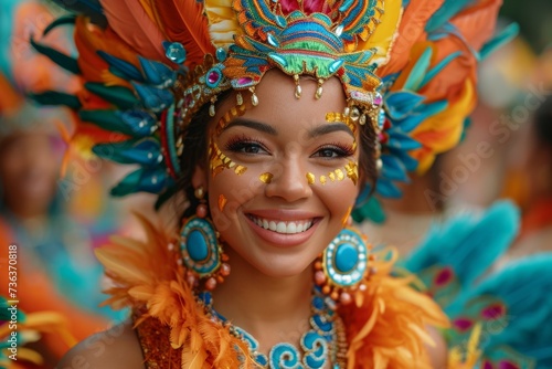 Smiling woman in colorful carnival costume and headdress