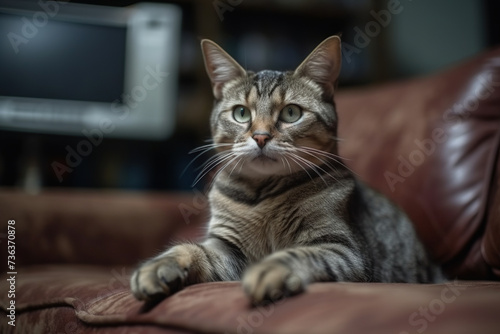 Cat Watches Tv While Sitting In A Comfortable Chair, Adorable Pet In Cozy Room